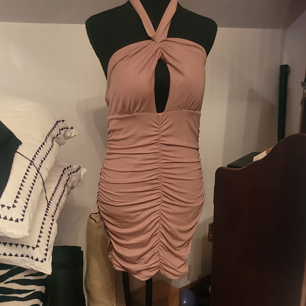 Pink Ruched Halter Bodycon Dress for Cocktail